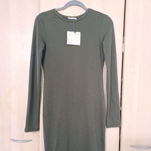 Zara body-con, long sleeve dress in olive green